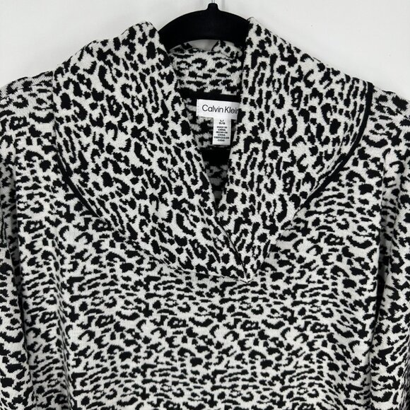 3/$25 Calvin Klein Snow Leopard Print Long Sweater L Cowl Neck Tunic Black White - Picture 7 of 8